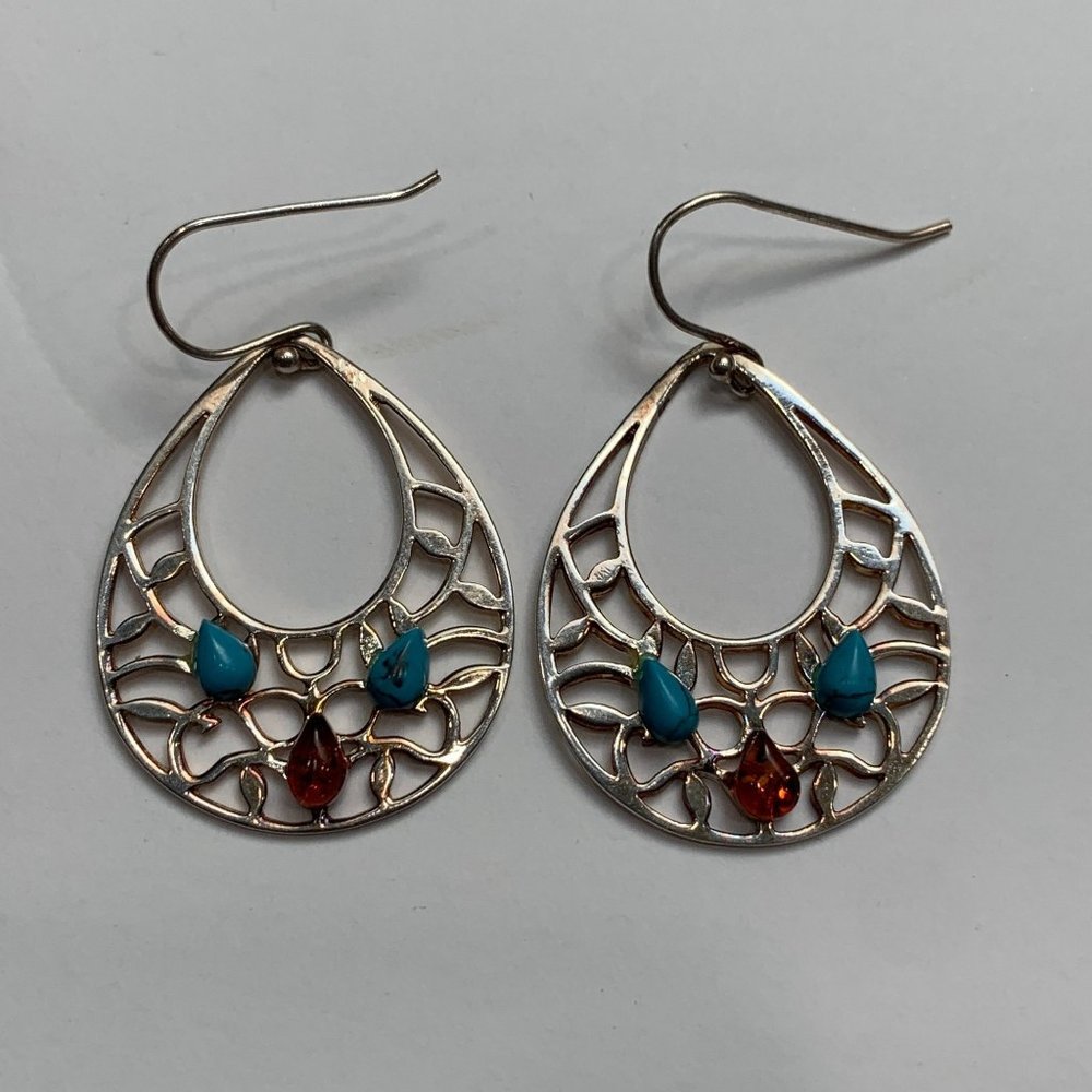 Shell Style Turquoise and Amber Drop Dangle Silver Earrings with Teardrop Stones